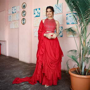 Red Saree With Stitched Blouse