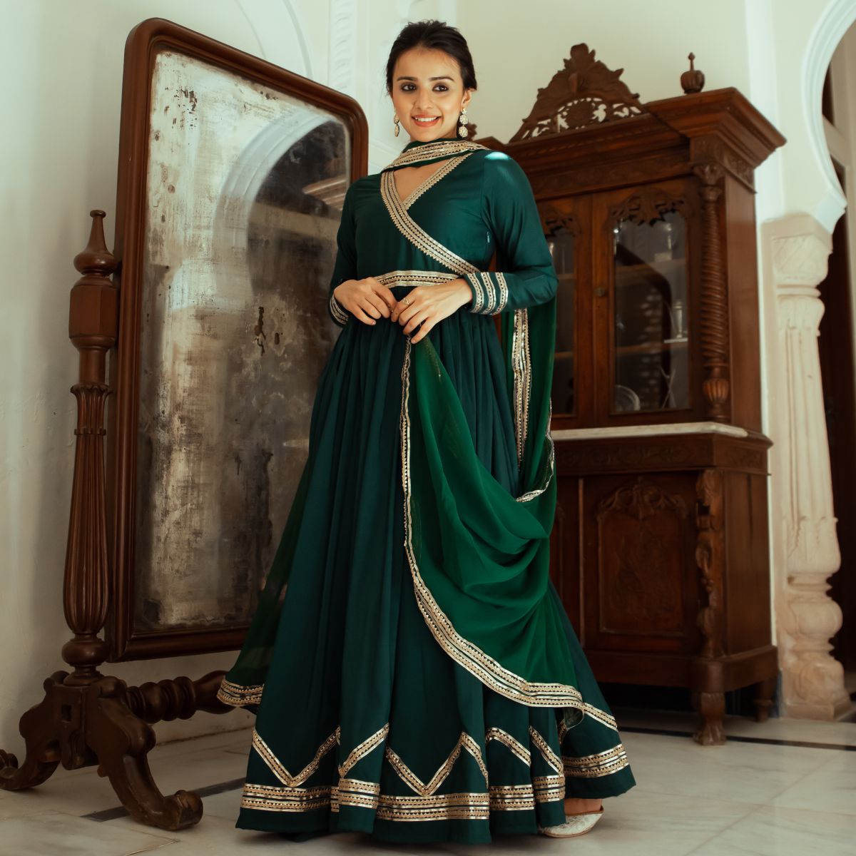 Green Silk Anarkali Dupatta Set