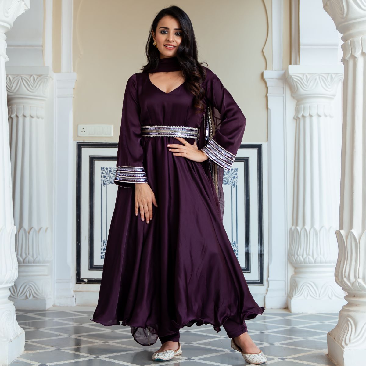 Wine Silk Anarkali With Dupatta