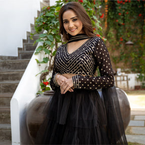 Black Net Tiered Flared Lehenga Set