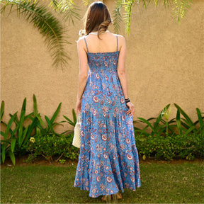 Blue Printed Tiered Long Dress