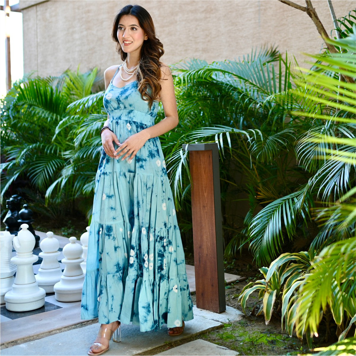 Blue Tie Dye Tiered Long Dress