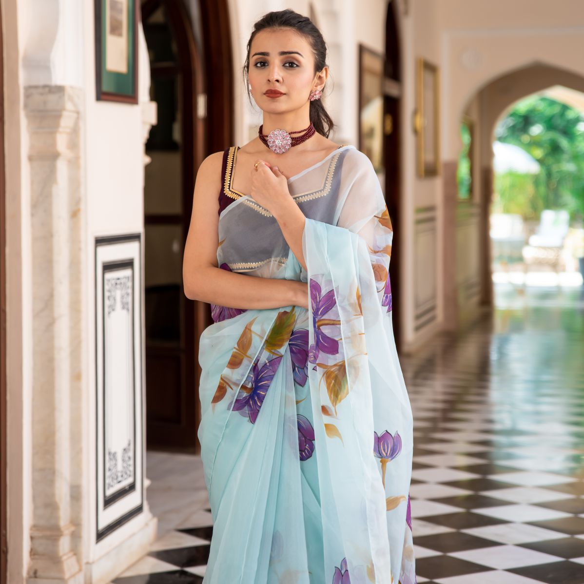 Sky Blue Organza Unstitched Saree