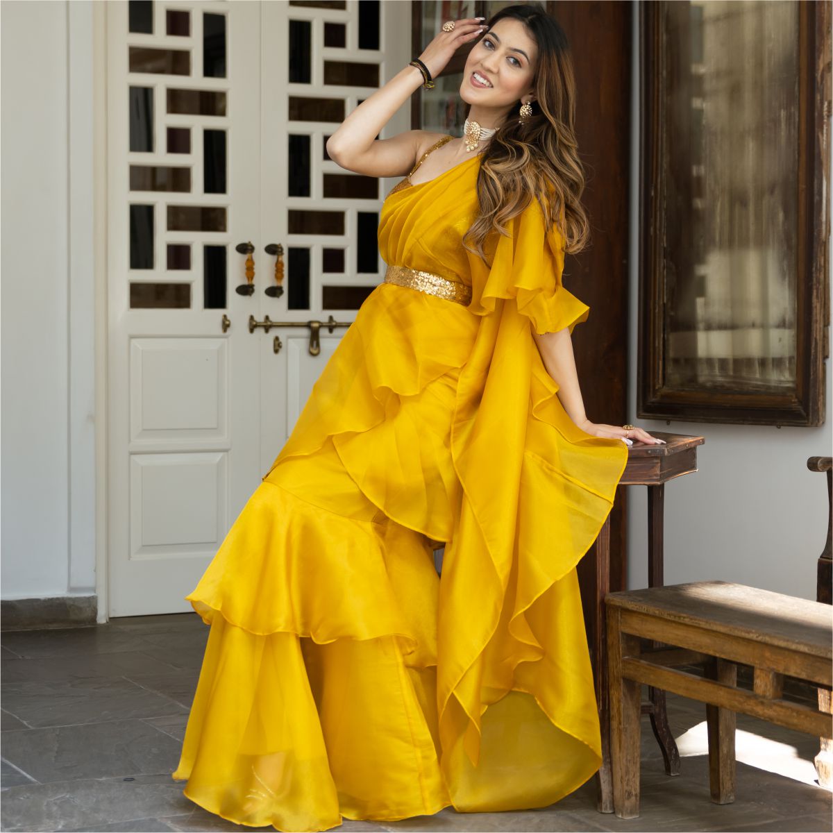 Yellow Sequin Organza Ruffled Saree