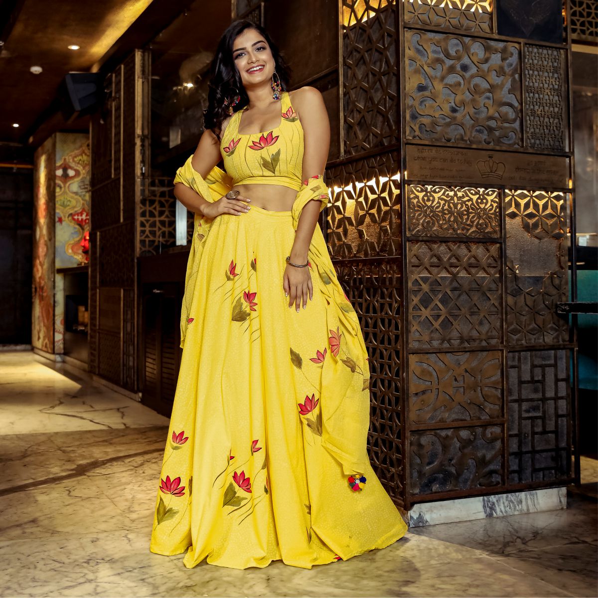 Yellow Floral Print Cotton Palazzo Set