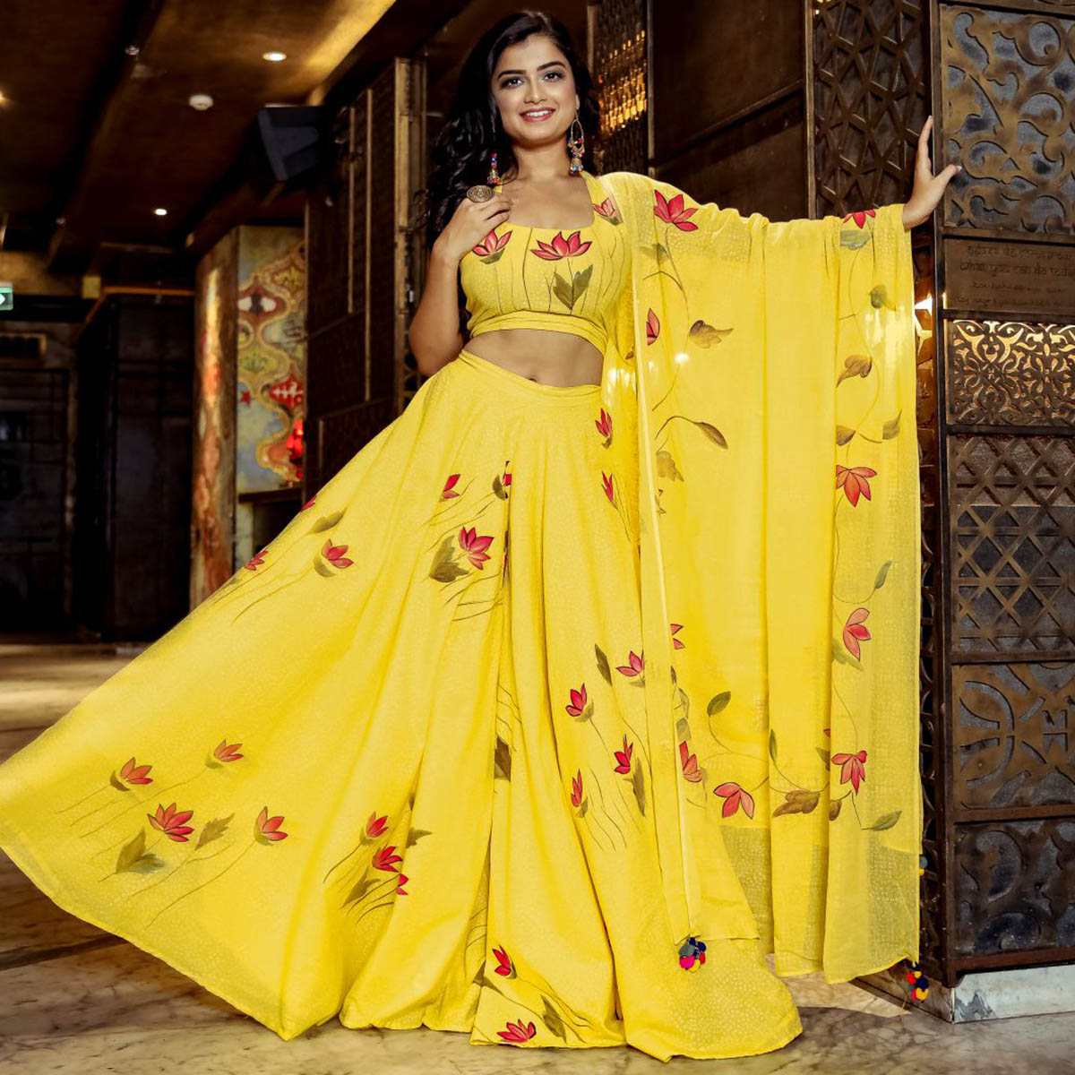 Yellow Floral Print Cotton Palazzo Set