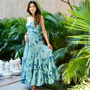 Blue Tie Dye Tiered Long Dress