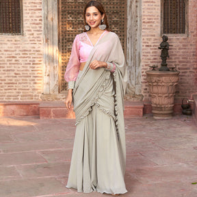 PINK AND GREY PALAZZO SAREE