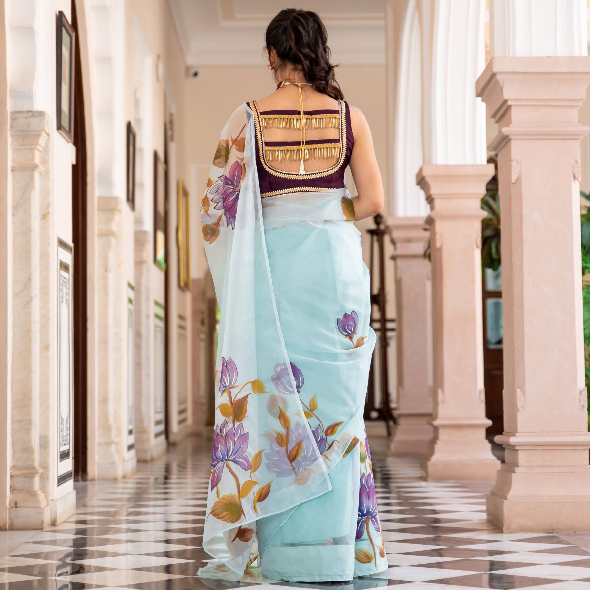 Sky Blue Organza Unstitched Saree