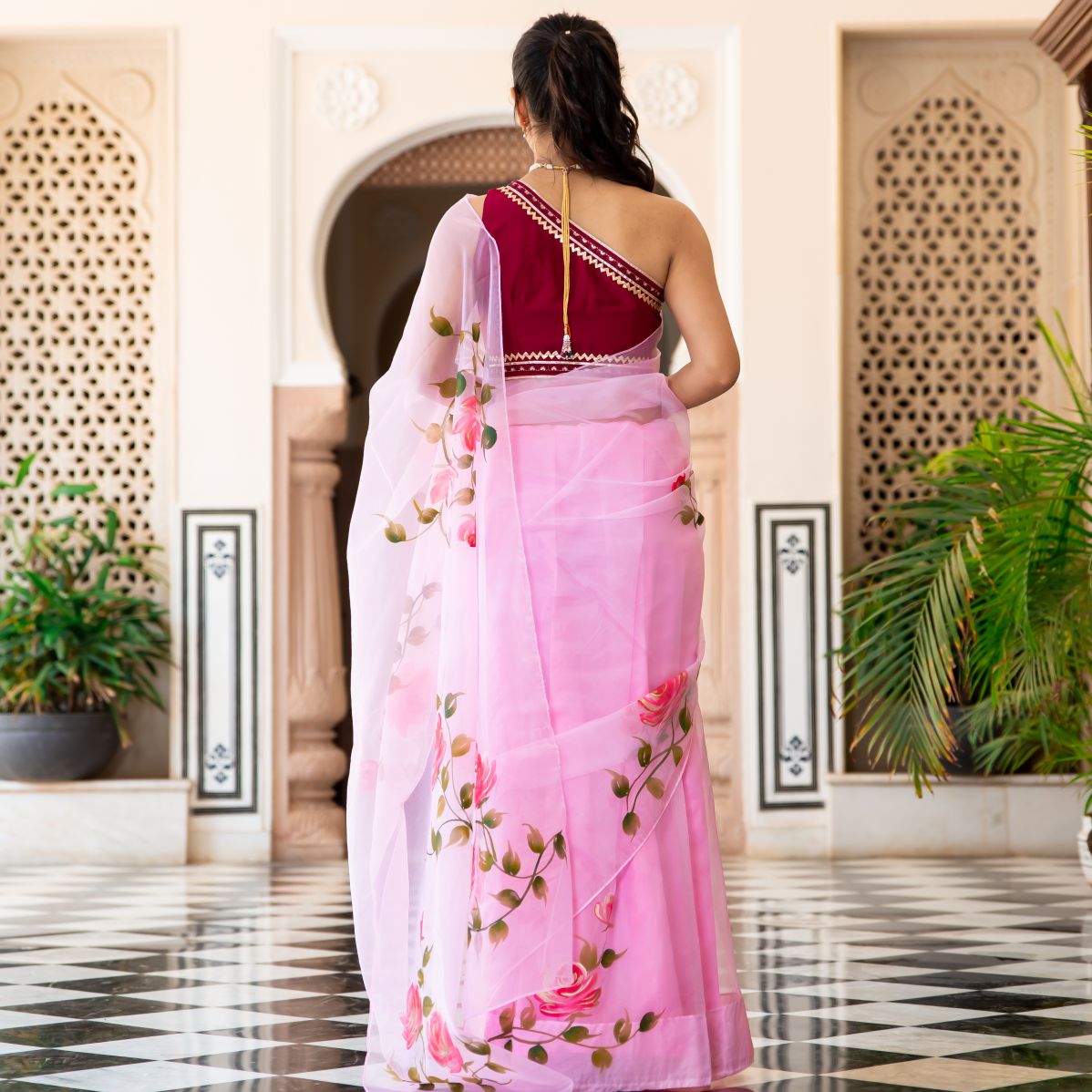 Pink Organza Unstitched Blouse Saree