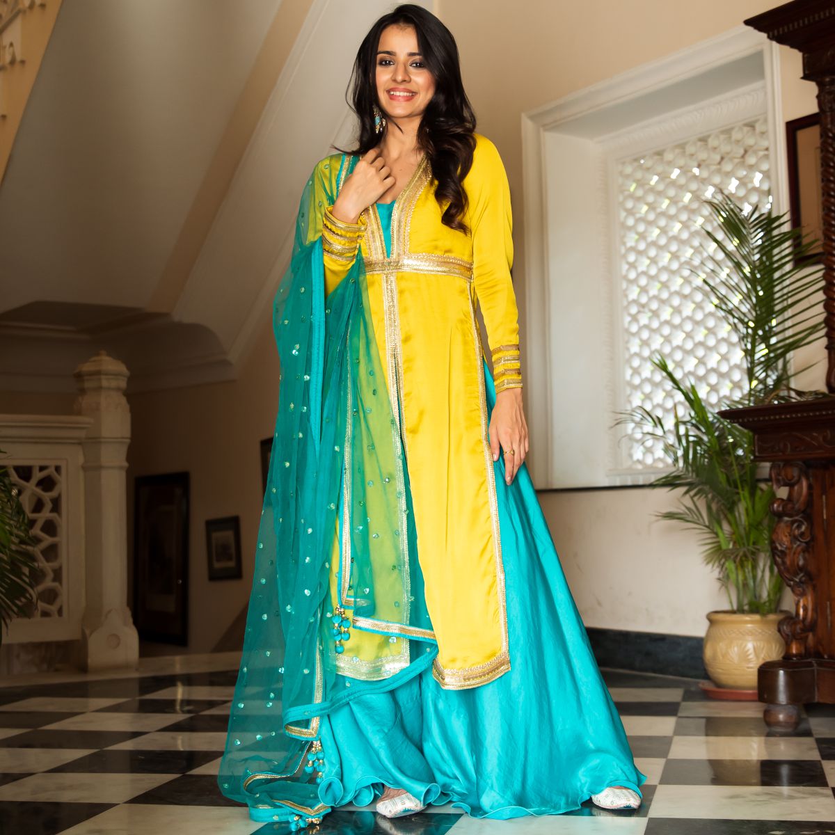 Yellow Aqua Silk Suit Set