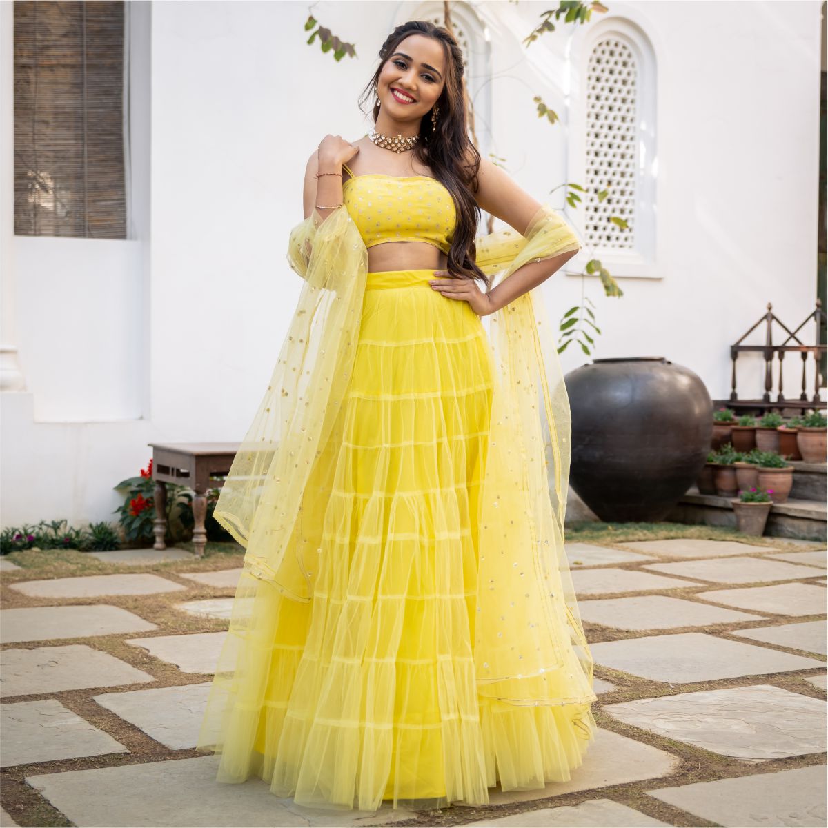 Yellow Net Tiered Flared Lehenga Set