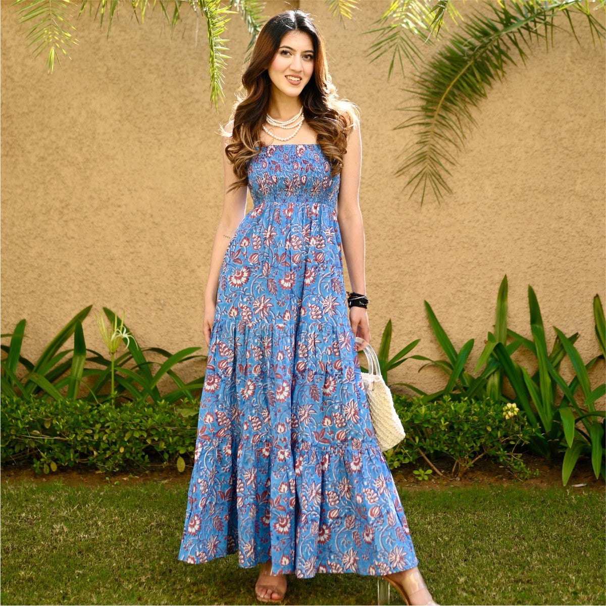 Blue Printed Tiered Long Dress