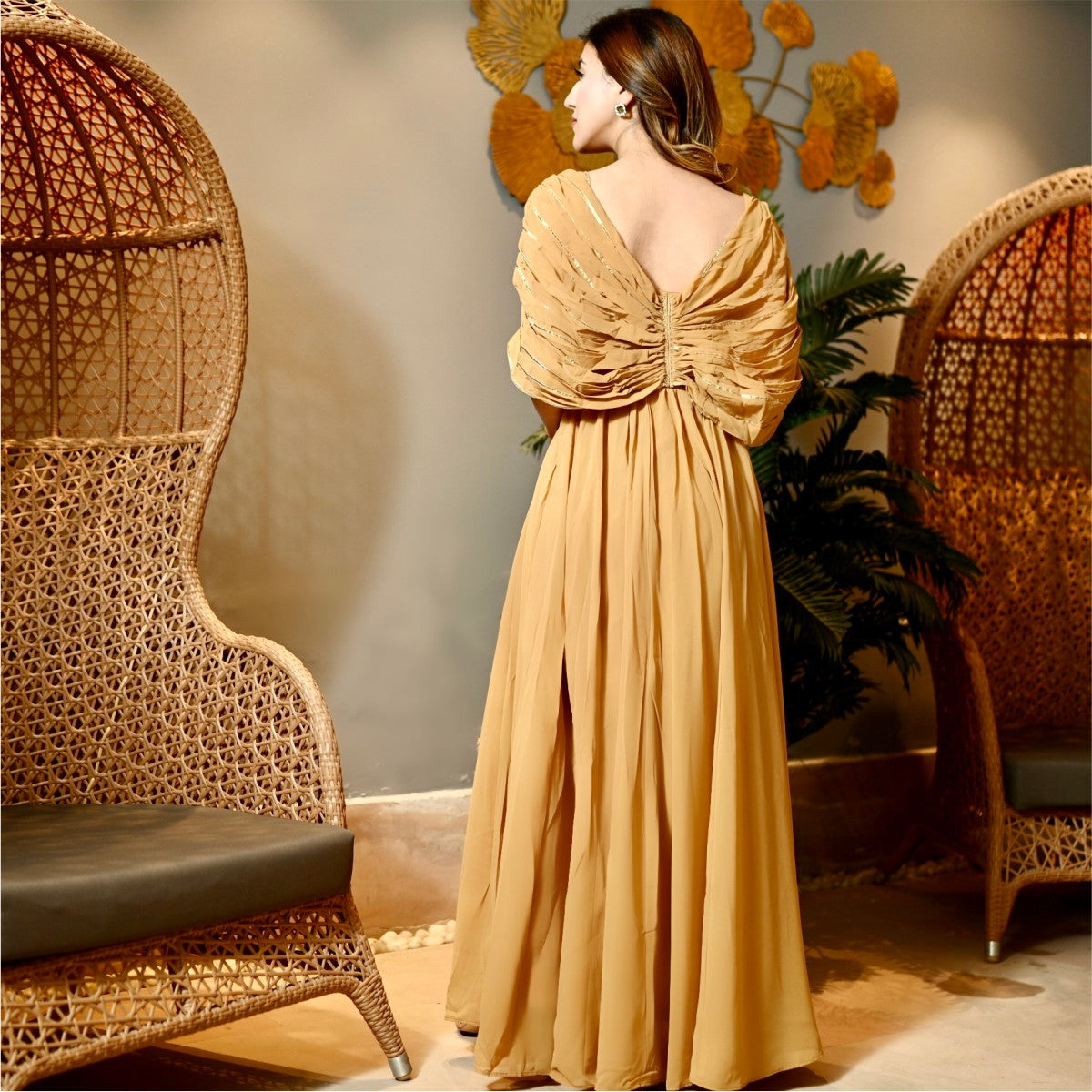 Beige Georgette Party Long Dress