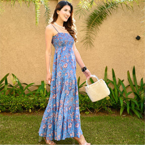 Blue Printed Tiered Long Dress