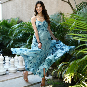 Blue Tie Dye Tiered Long Dress