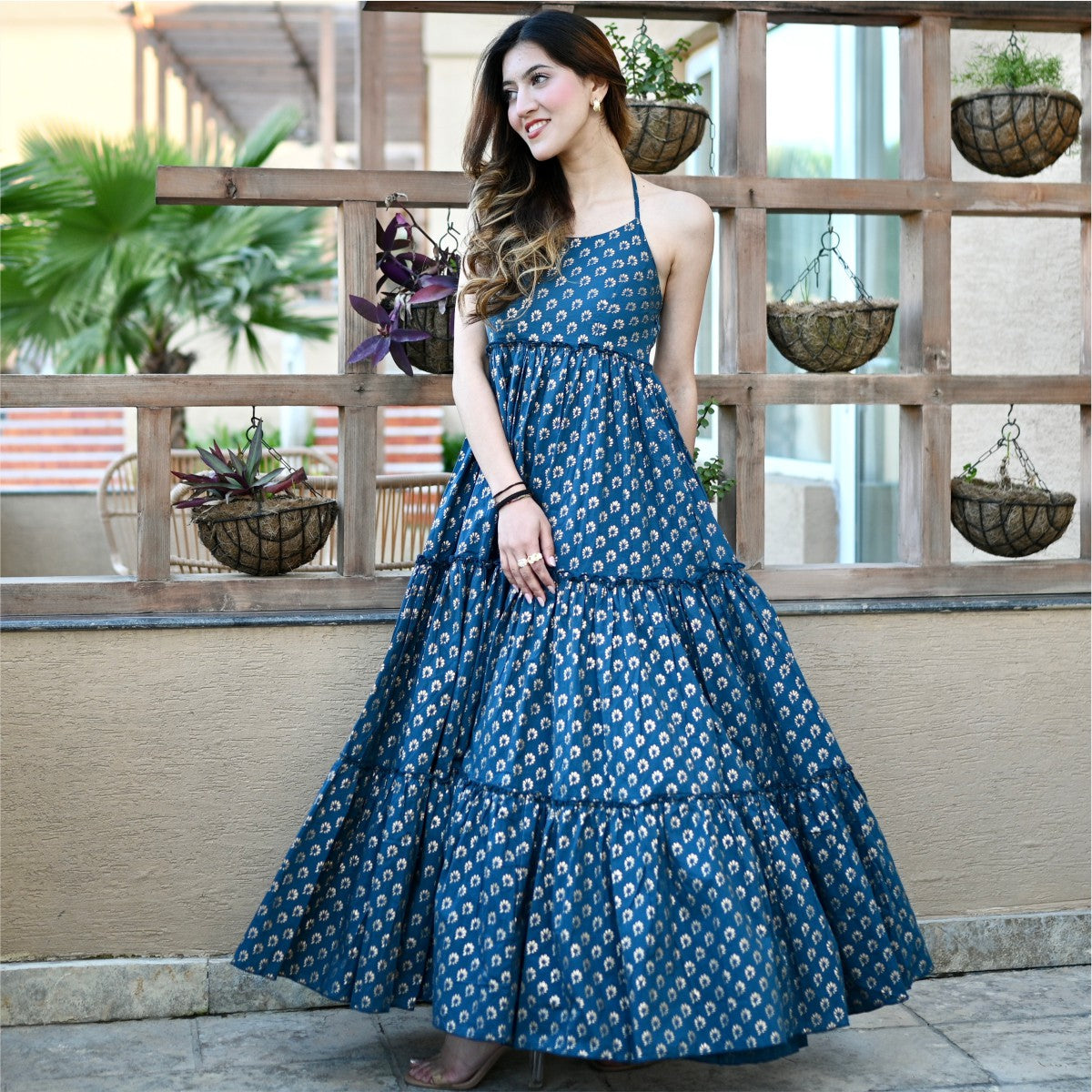 Blue Foil Printed Tiered Dress