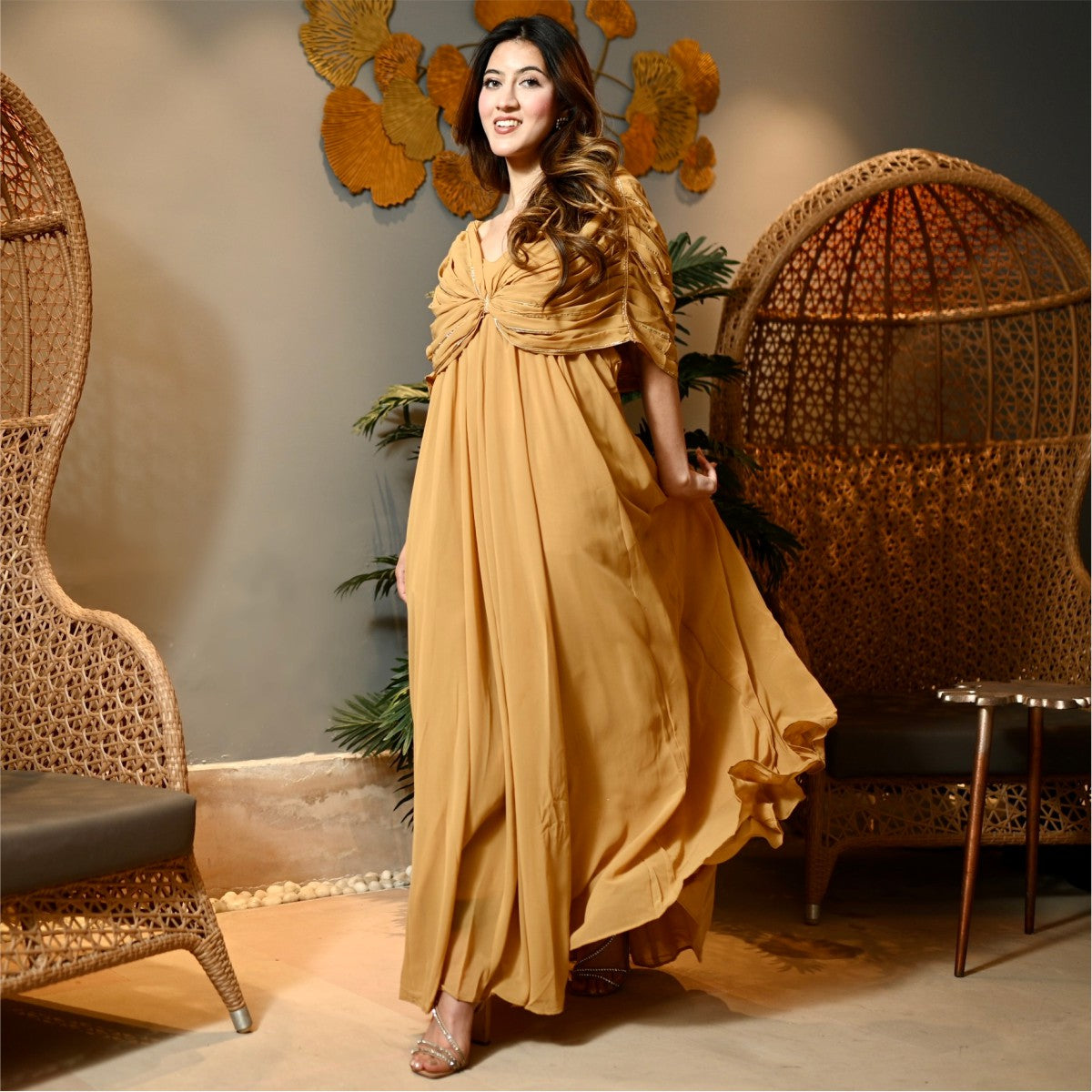 Beige Georgette Party Long Dress