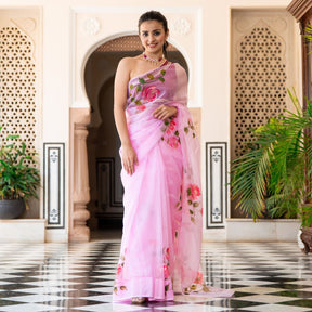 Pink Organza Unstitched Blouse Saree