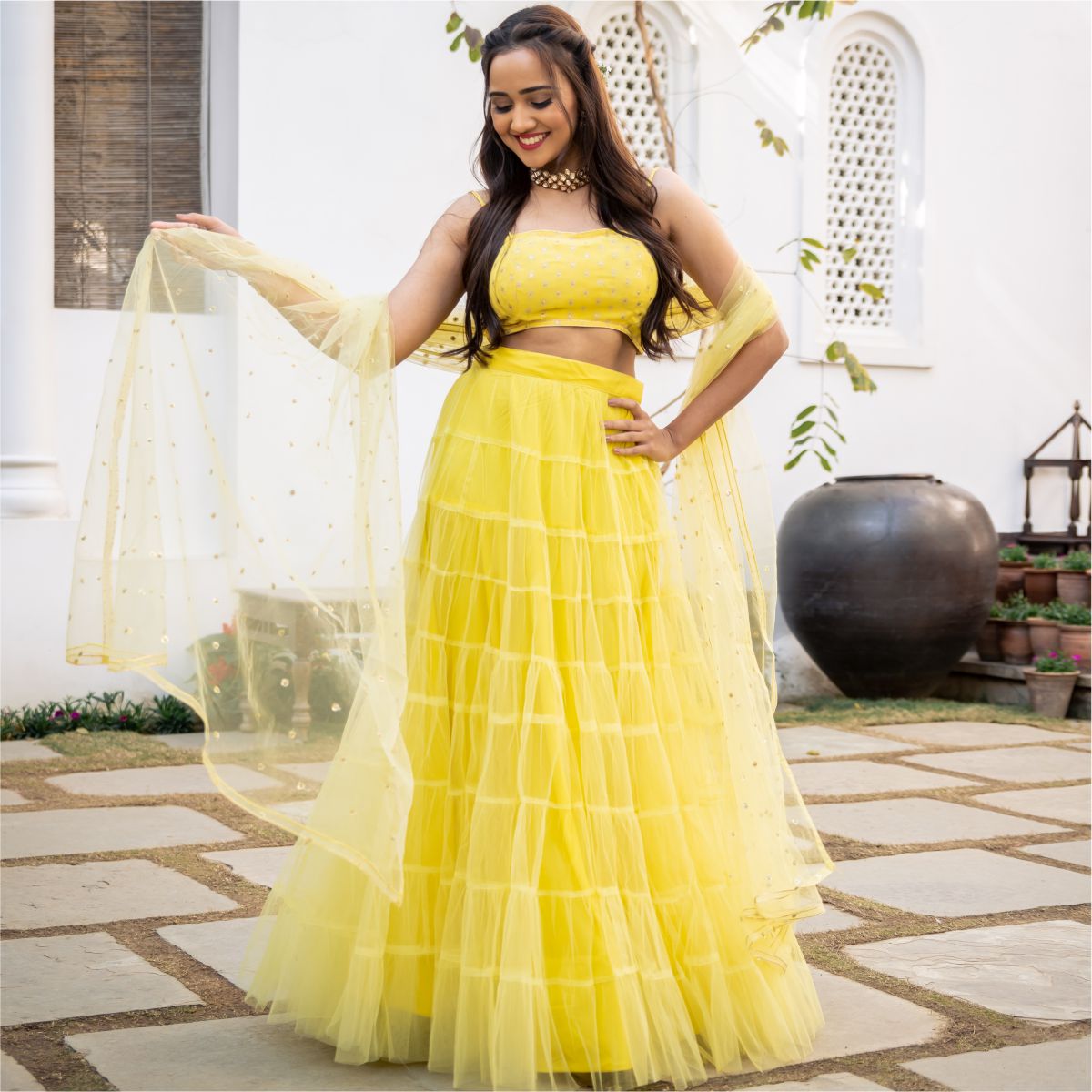 Yellow Net Tiered Flared Lehenga Set