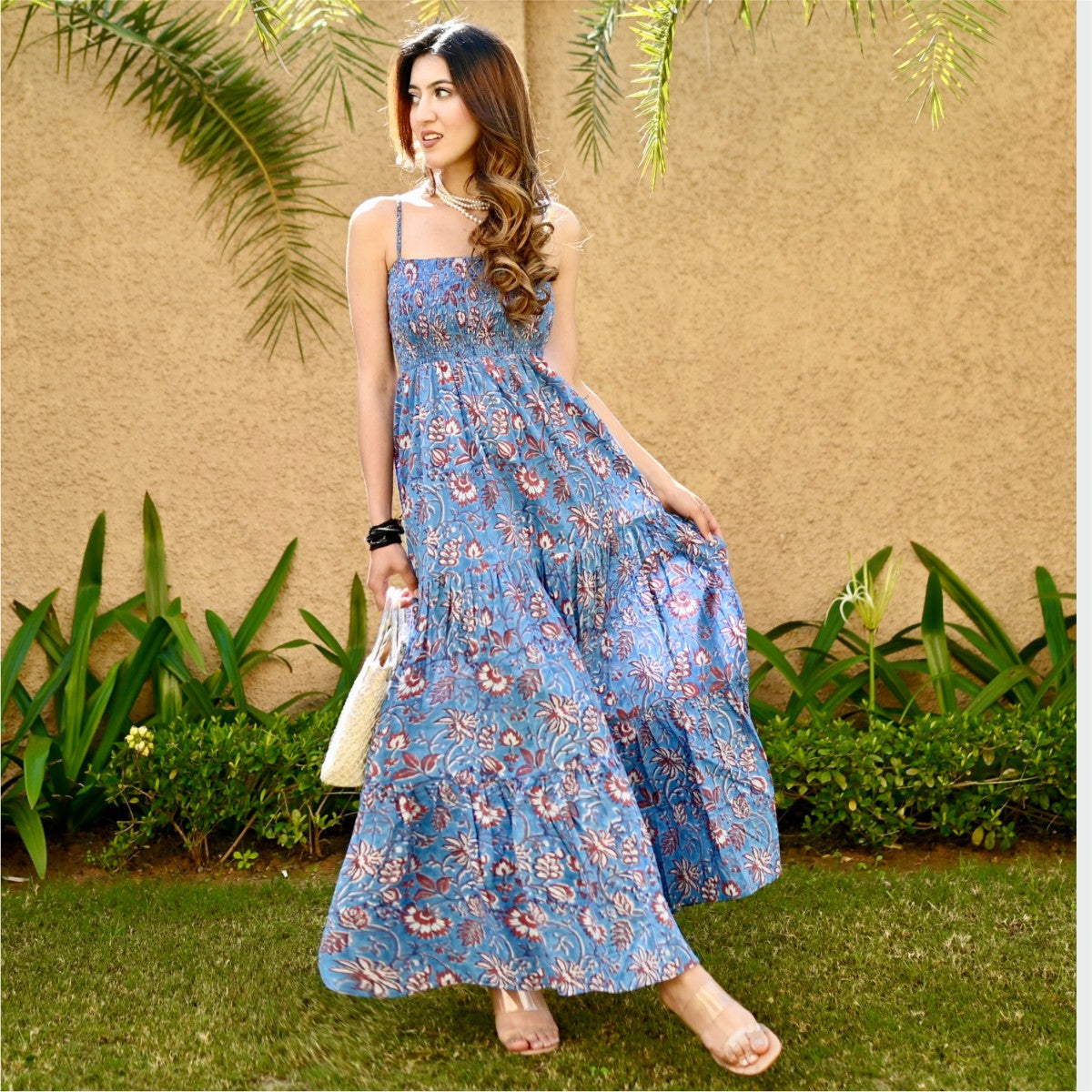 Blue Printed Tiered Long Dress