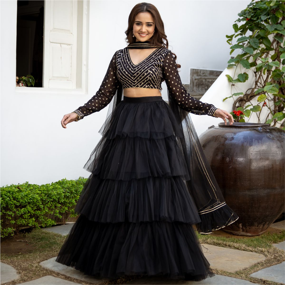 Black Net Tiered Flared Lehenga Set