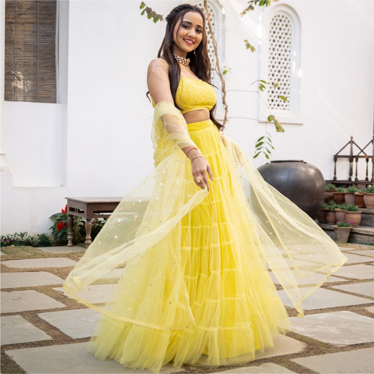 Yellow Net Tiered Flared Lehenga Set