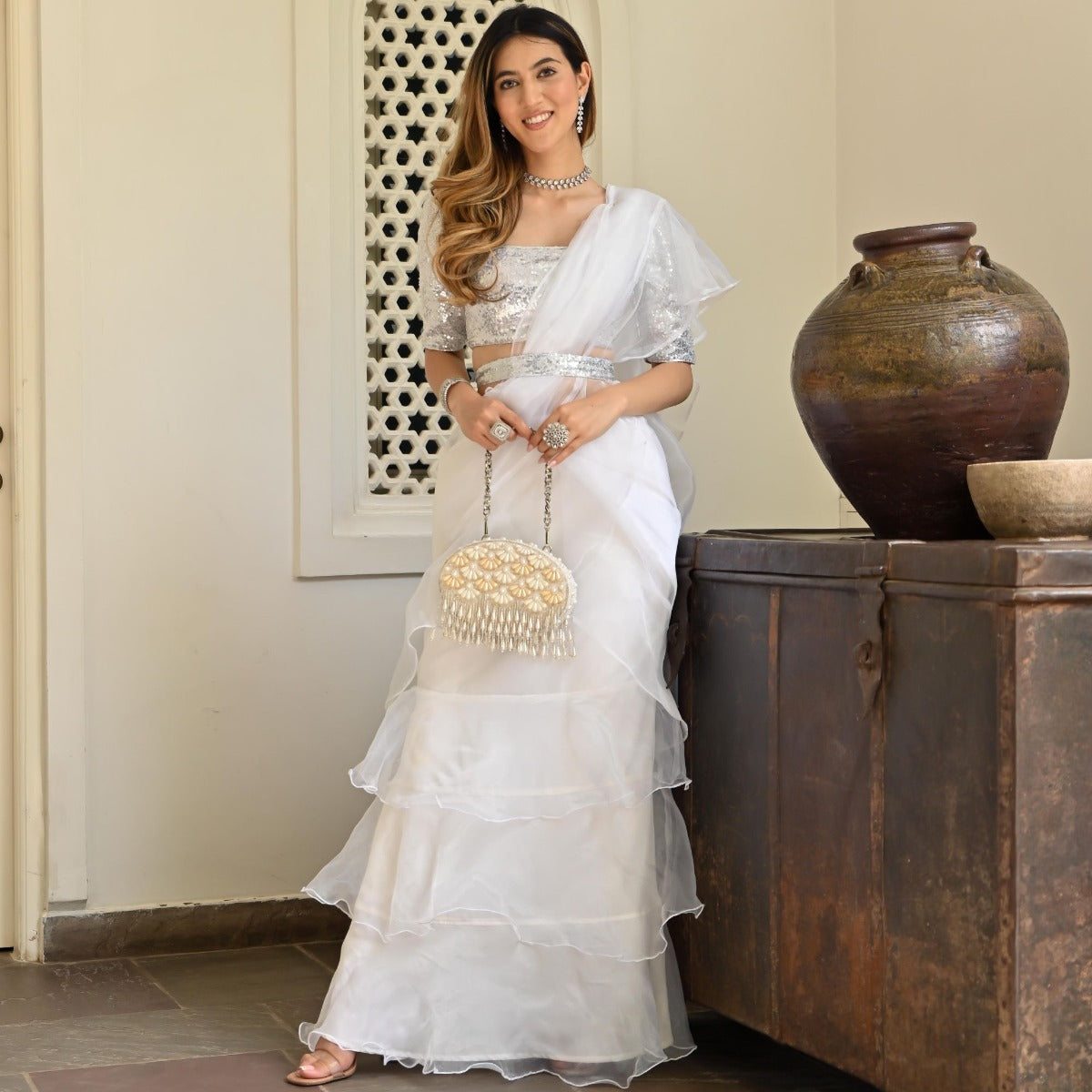 White organza Ruffle Saree