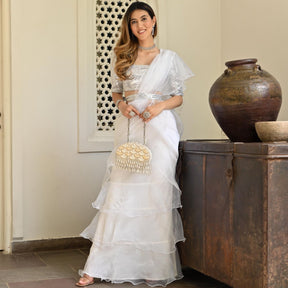 White organza Ruffle Saree