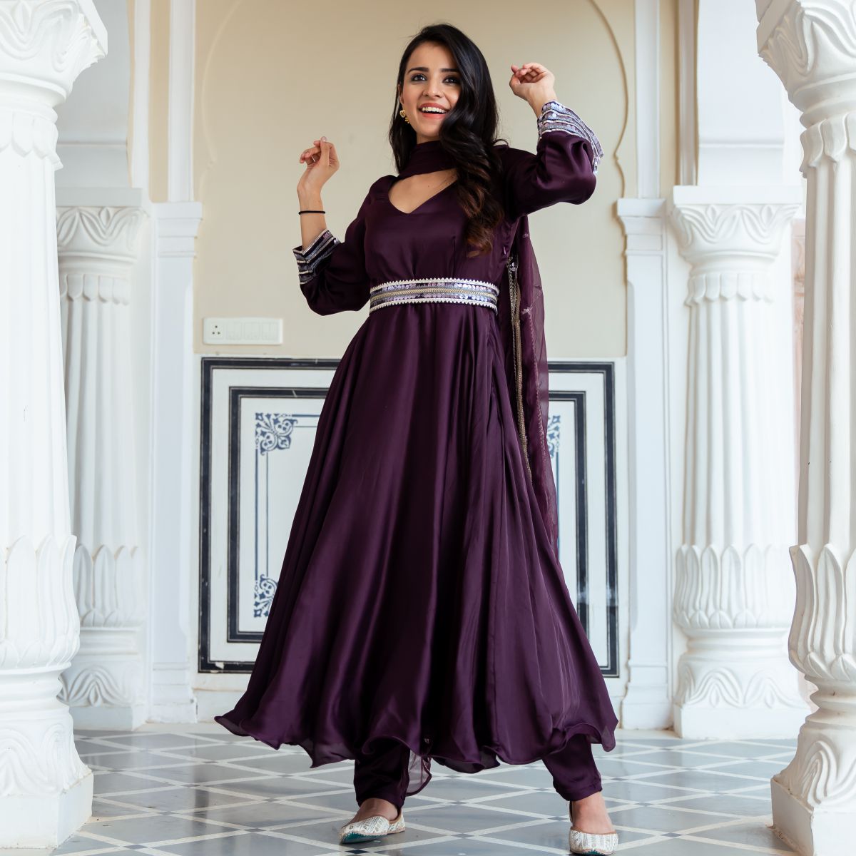 Wine Silk Anarkali With Dupatta