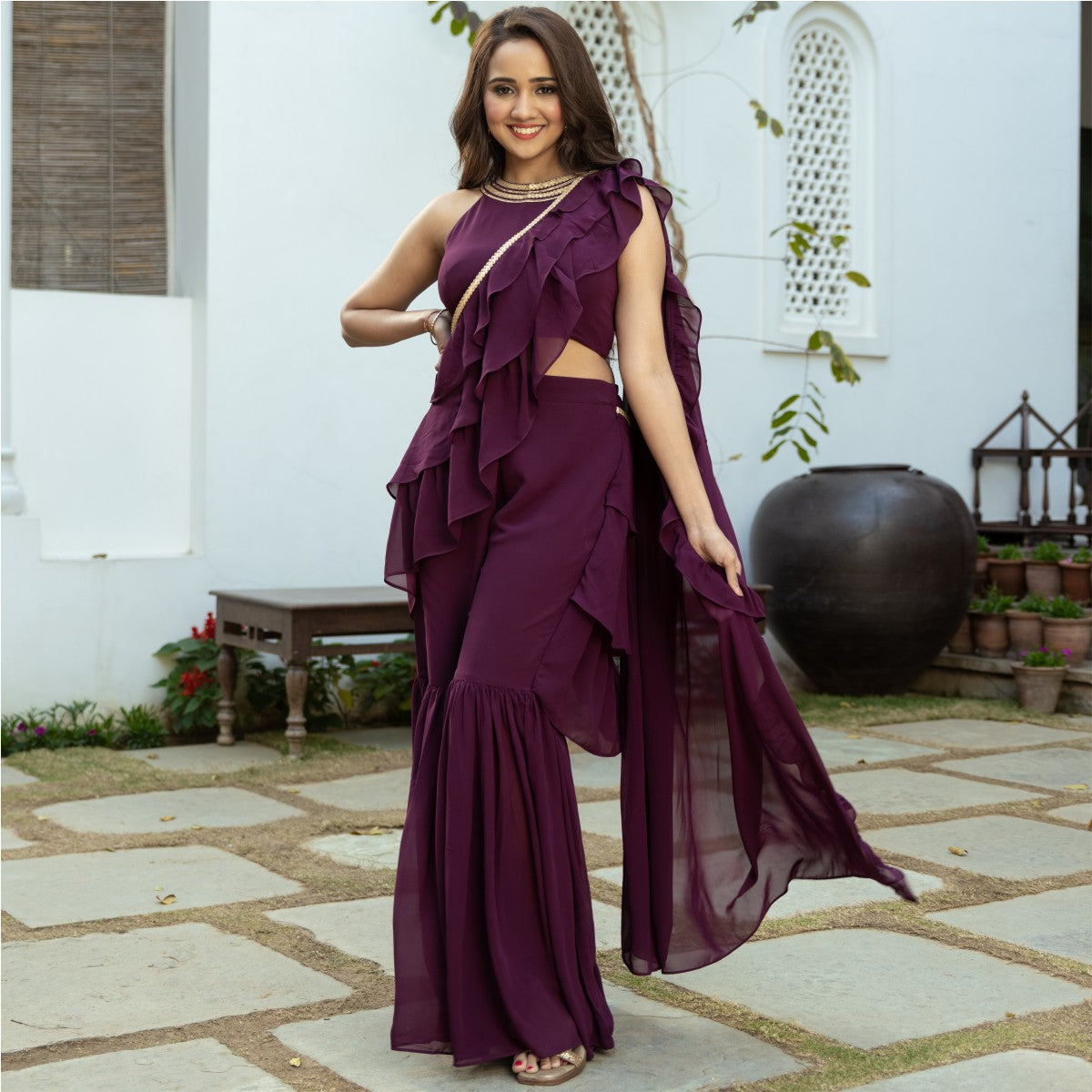 Purple Georgette Sharara Saree