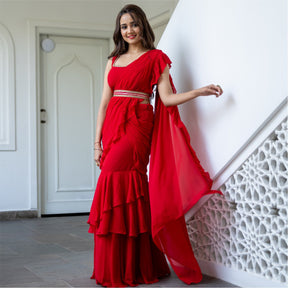 Red Georgette Stitched Saree