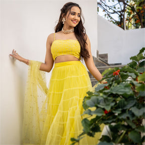 Yellow Net Tiered Flared Lehenga Set