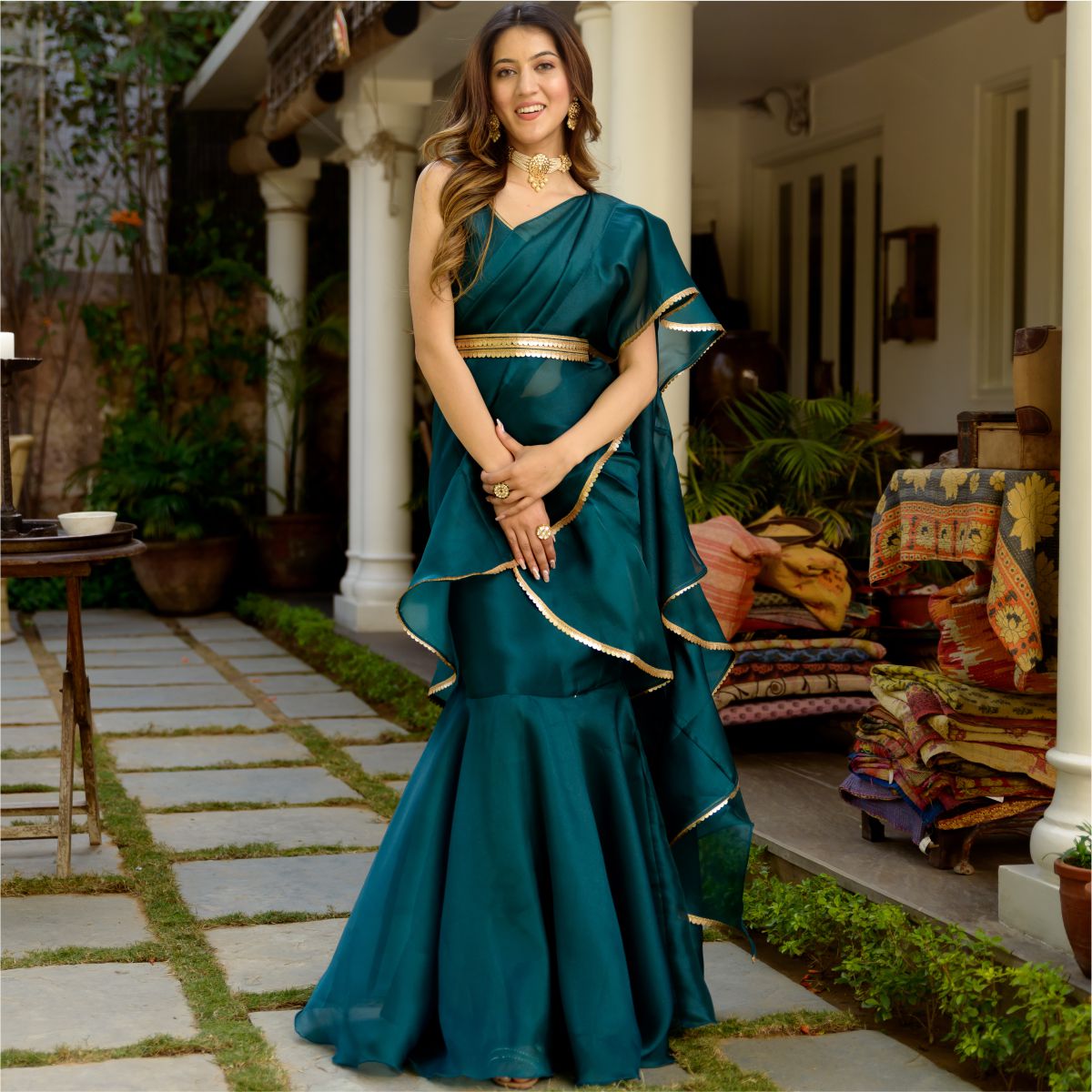 Green Organza Stitched Saree