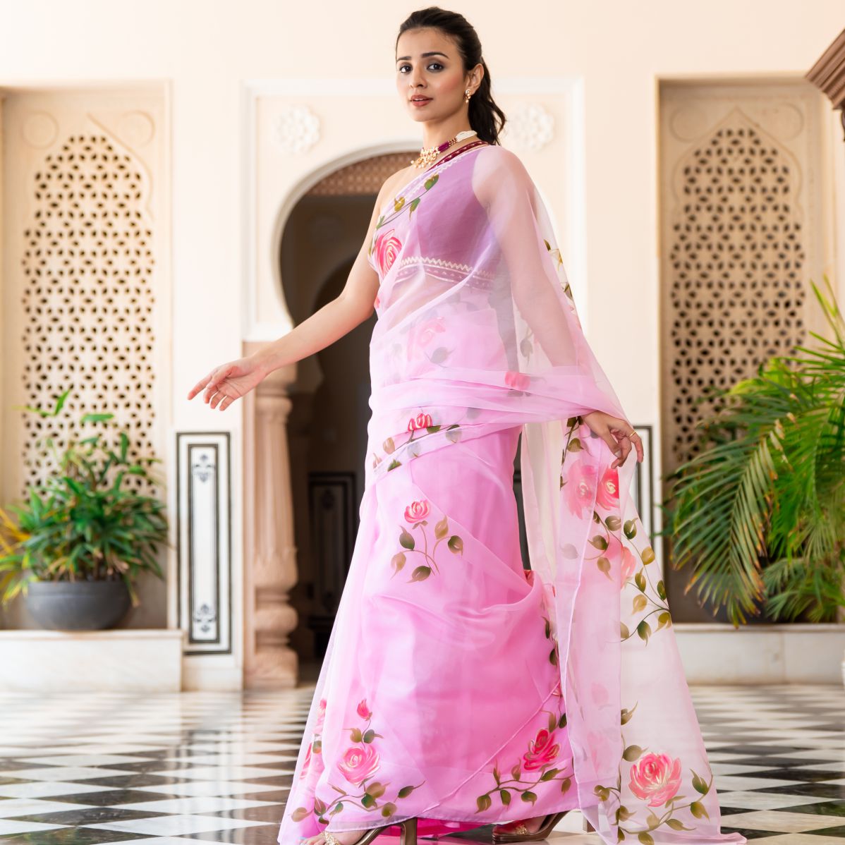 Pink Organza Unstitched Blouse Saree