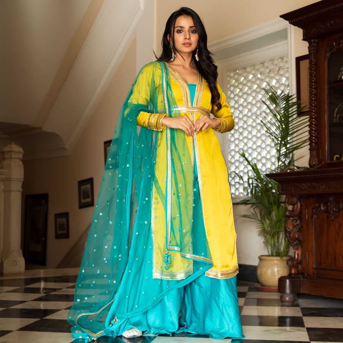 Yellow Aqua Silk Suit Set