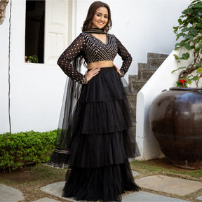 Black Net Tiered Flared Lehenga Set