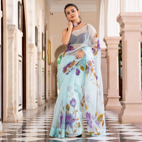 Sky Blue Organza Unstitched Saree