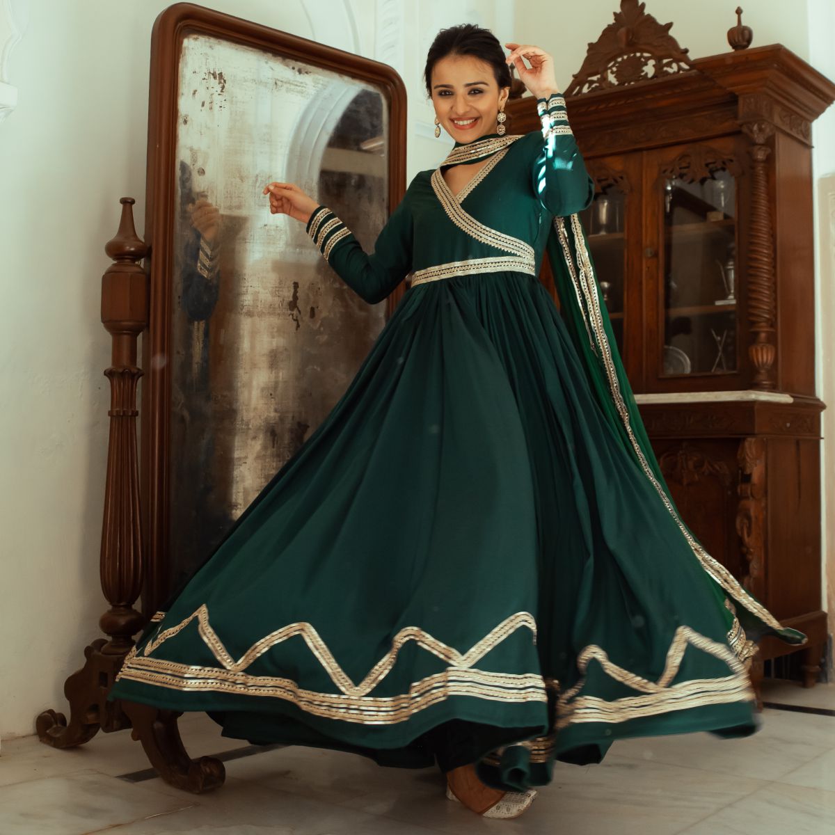 Green Silk Anarkali Dupatta Set