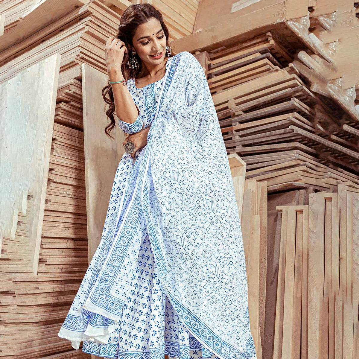 Block Print White Kurta Palazzo Set