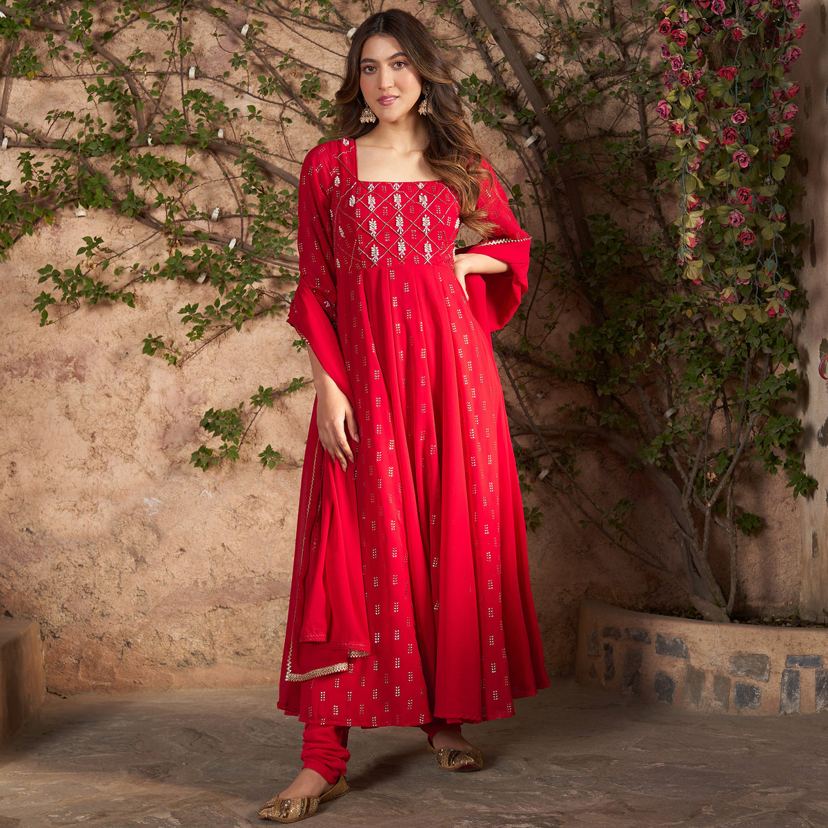 RED MUKAISH ANARKALI SET