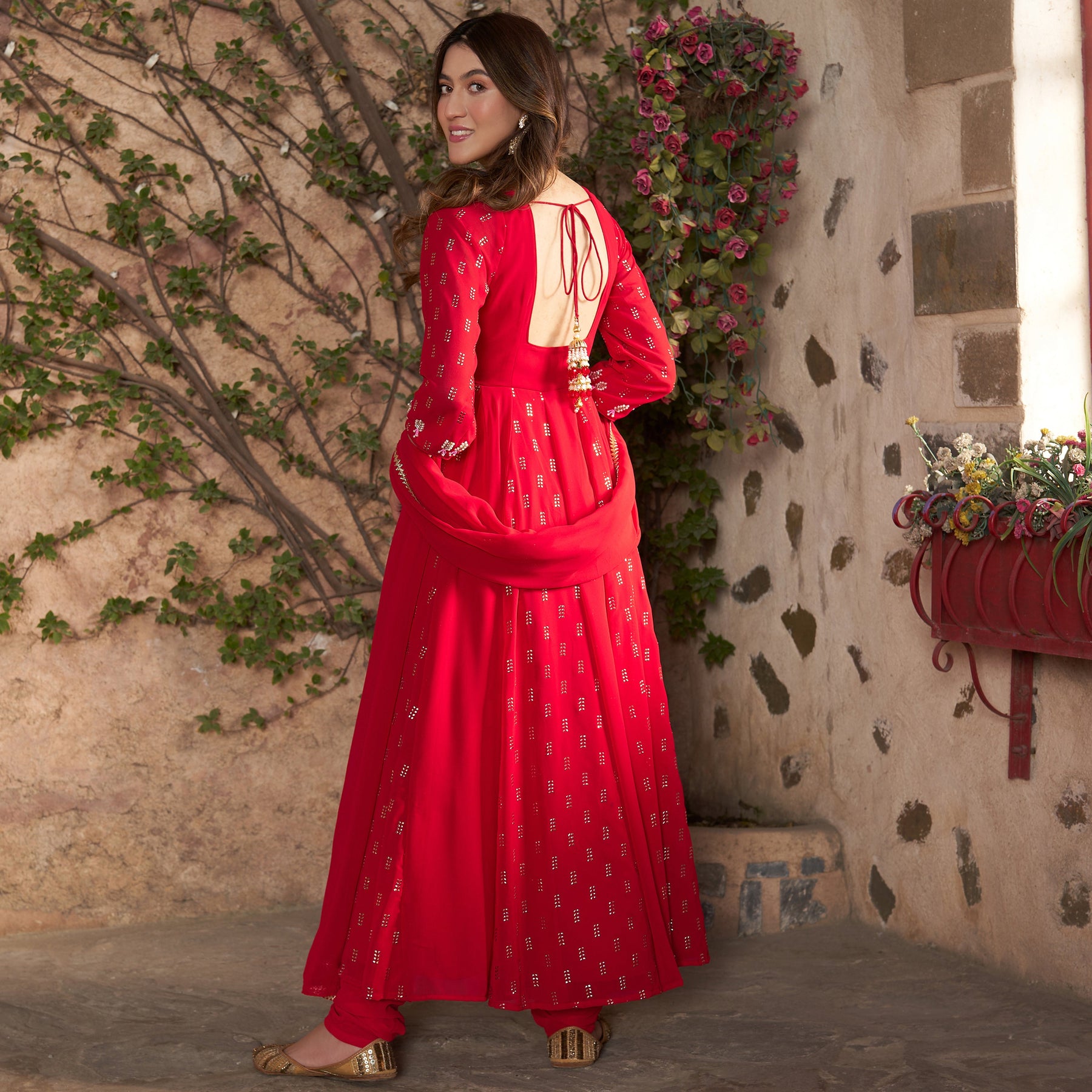 RED MUKAISH ANARKALI SET