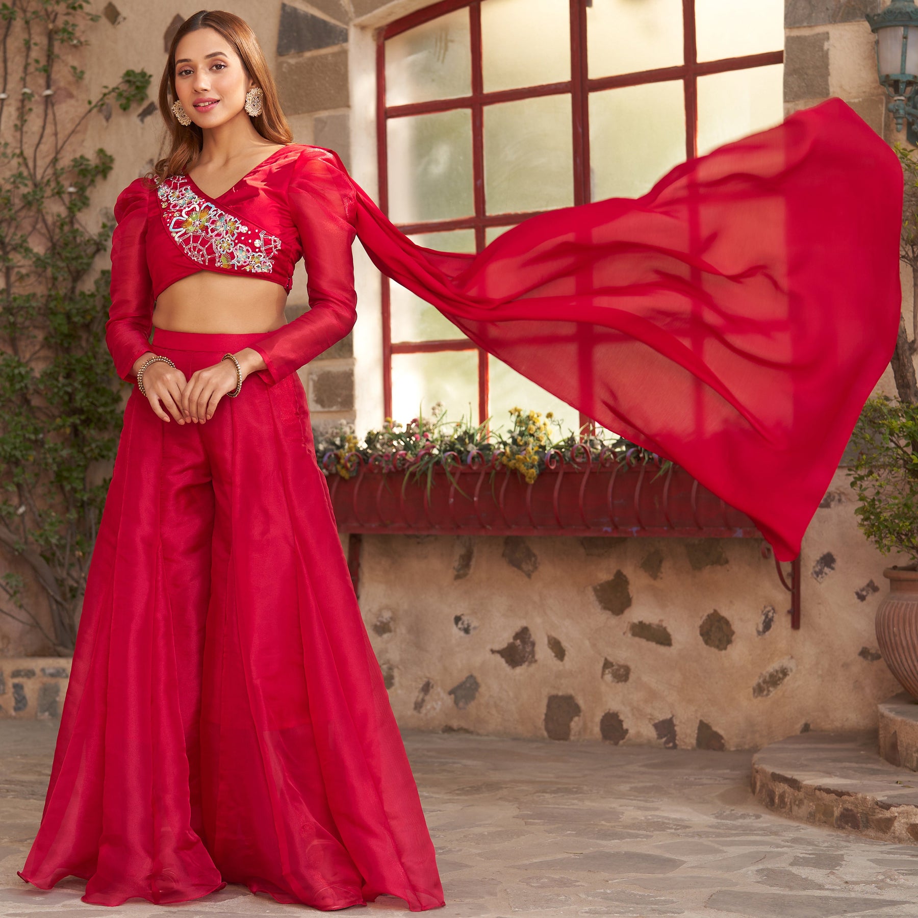 RUBY RED CROP BLOUSE WITH SHARARA SET