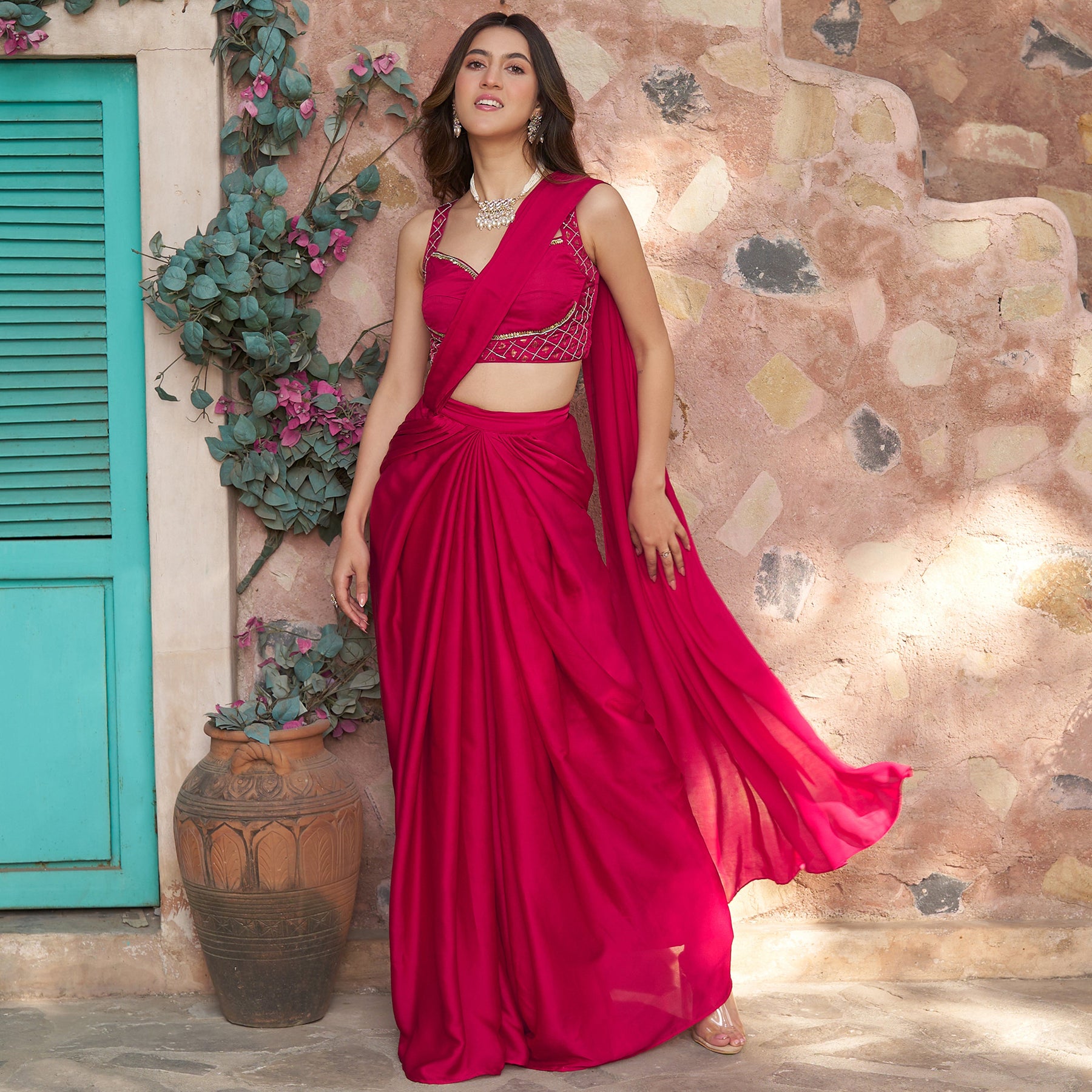 Ruby Pink Draped Saree Set