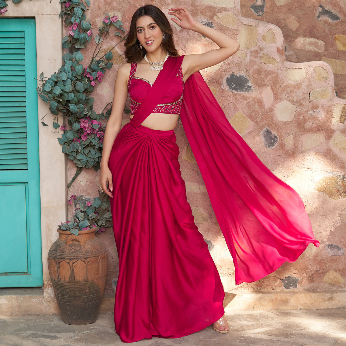 Ruby Pink Draped Saree Set