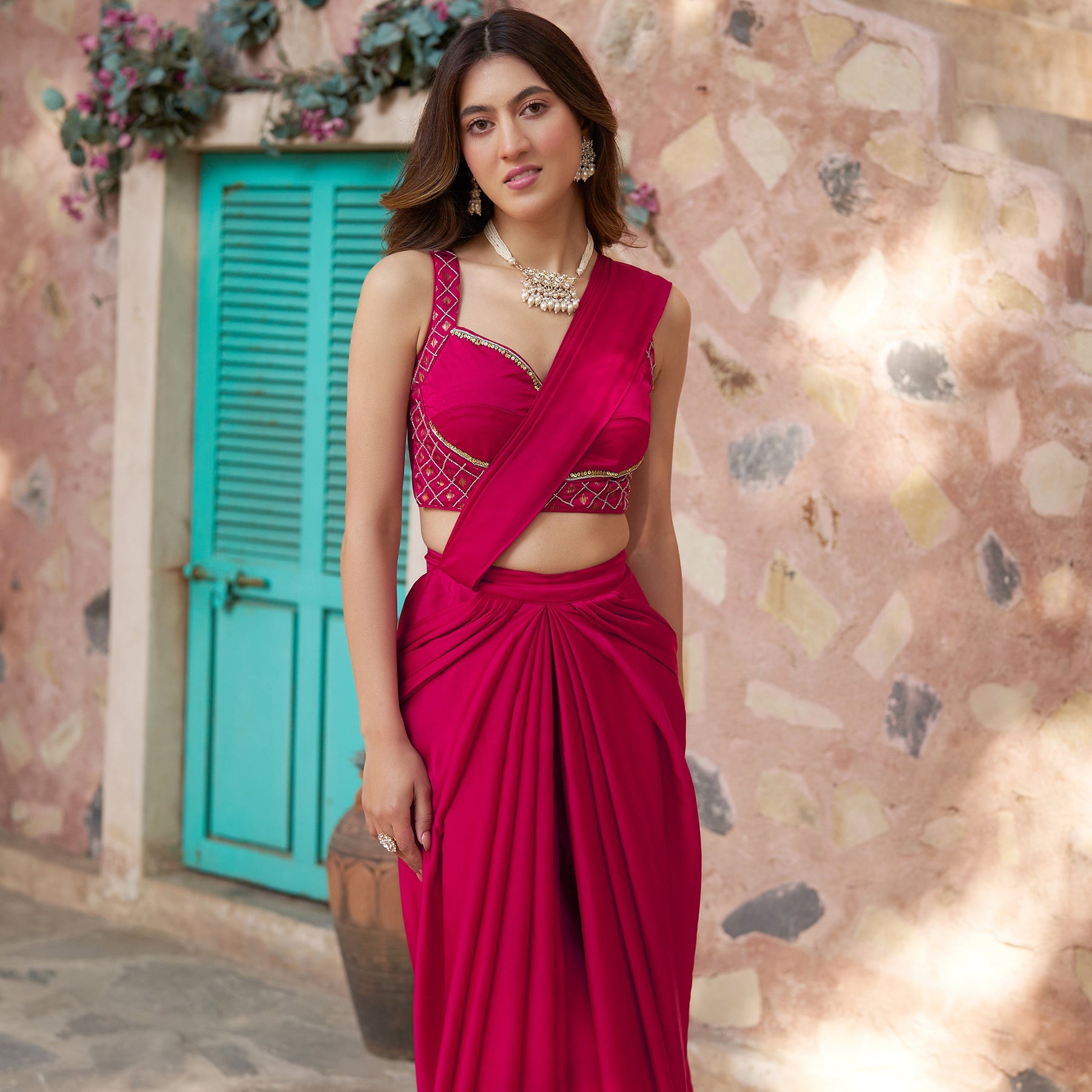 Ruby Pink Draped Saree Set