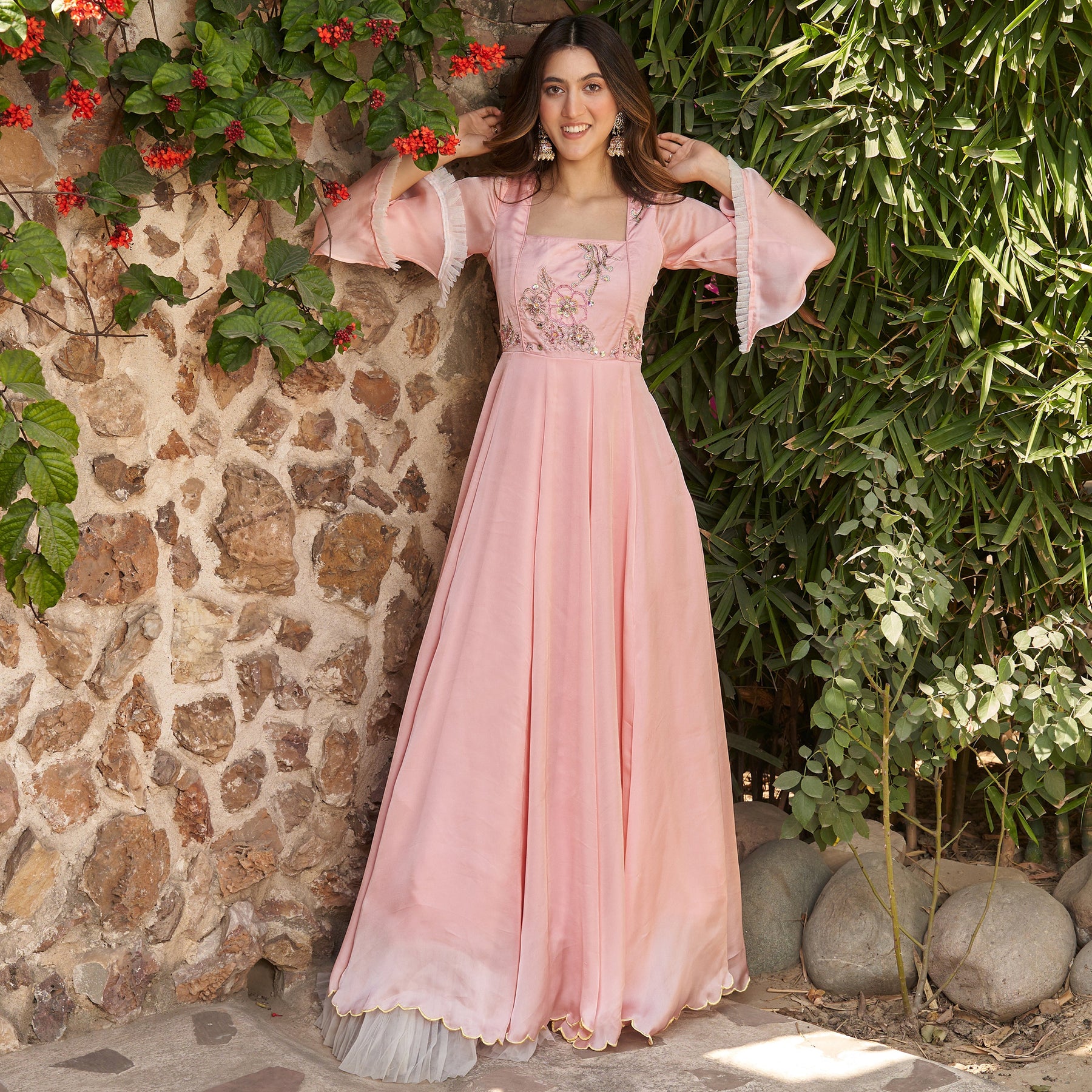 PEACH HAND EMBROIDERED GOWN