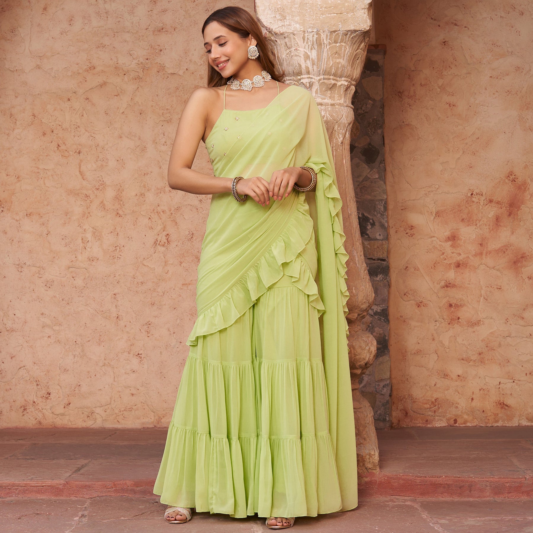 LIME SHARARA DRAPED SAREE