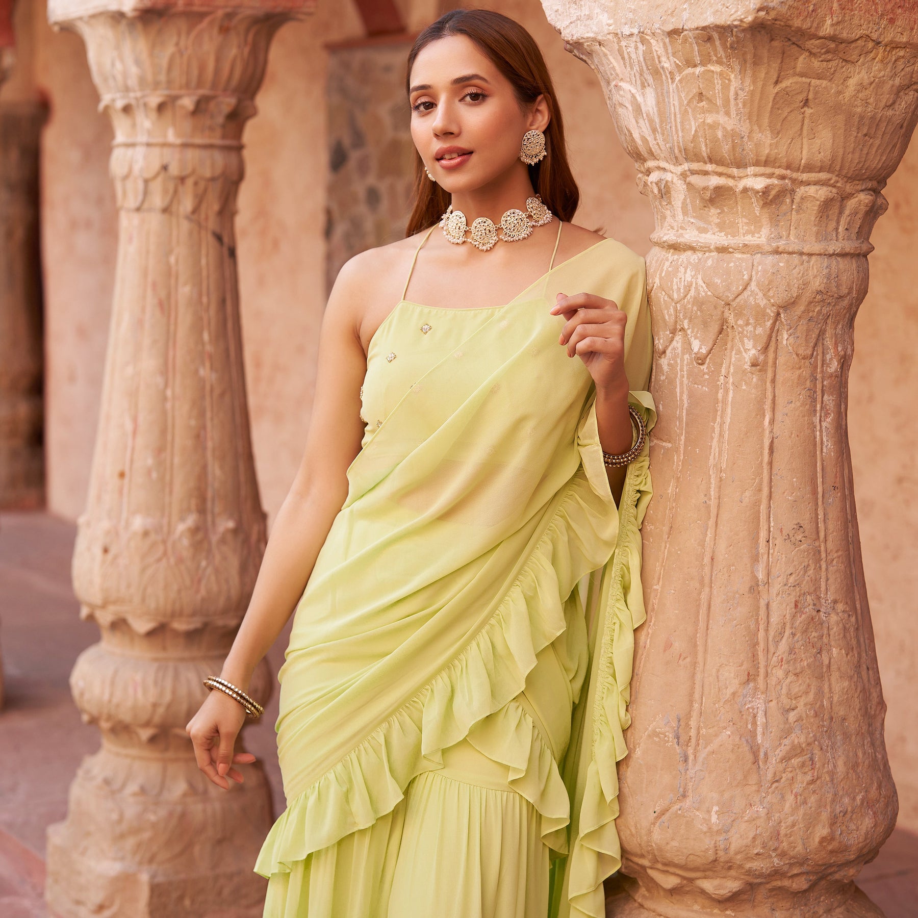 LIME SHARARA DRAPED SAREE