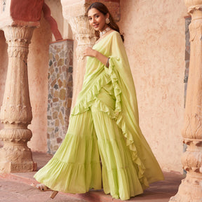 LIME SHARARA DRAPED SAREE